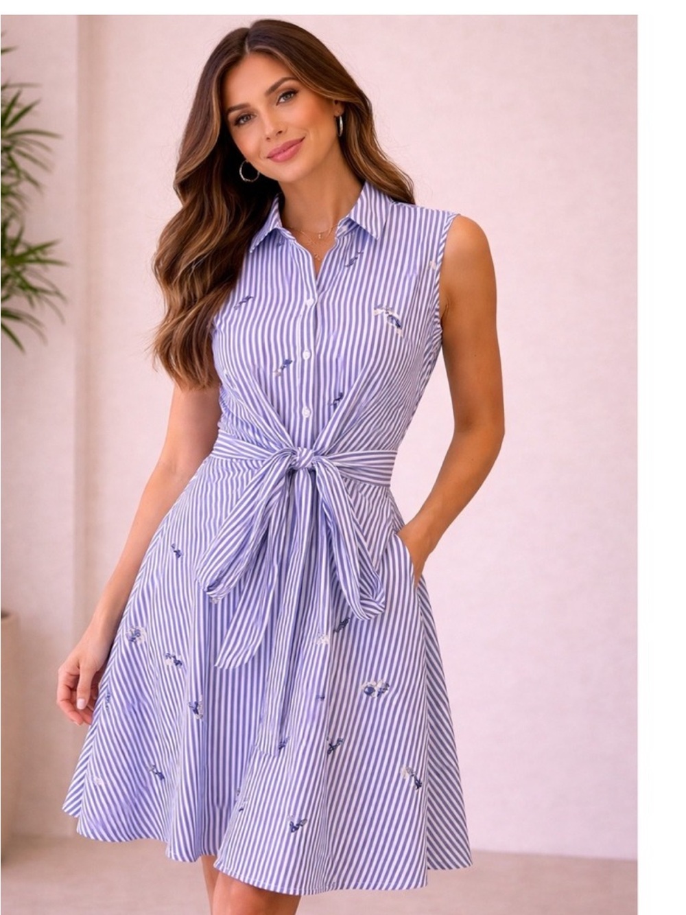 Lucy Paris Blue White Striped Shirt Dress Tie Waist Embroidered Midi Sz Small